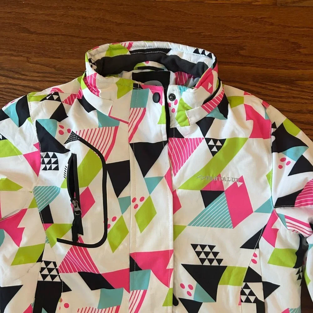 Girl's Waterproof Ski Jacket Size Small Colorful Geometric Size 8 High Neck Snow